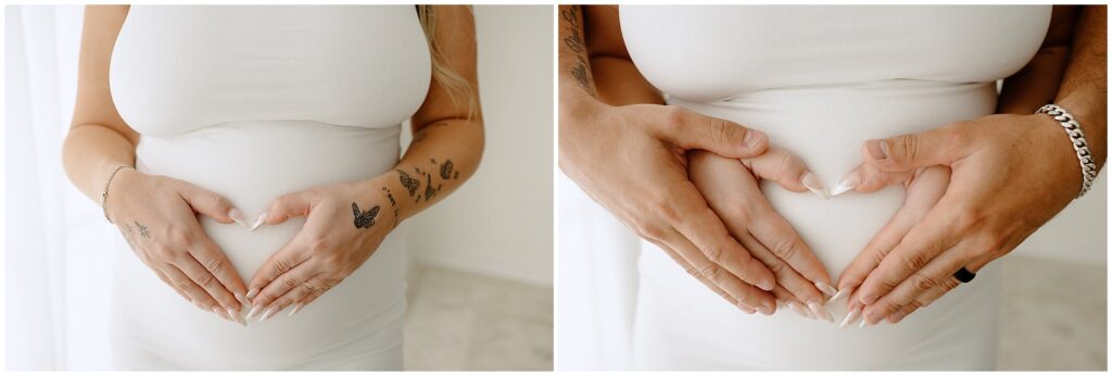 Hands on pregnant belly forming a heart shape during Spring Hill Studio maternity session