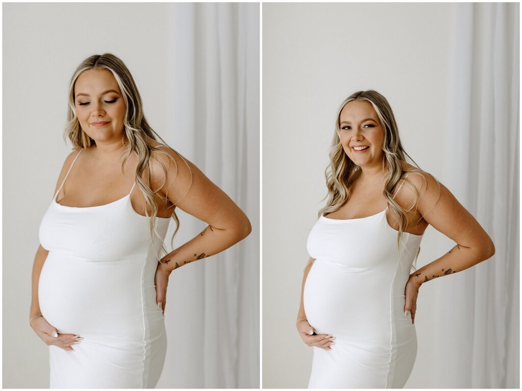 Close up portrait during maternity session with blonde woman in white dress with white background at Spring Hill Studio