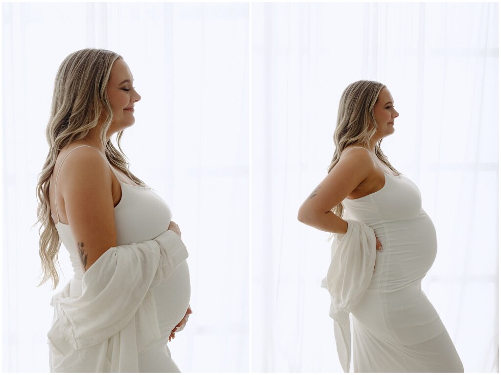 Close up portrait during maternity session with blonde woman in white dress with white background at Spring Hill Studio