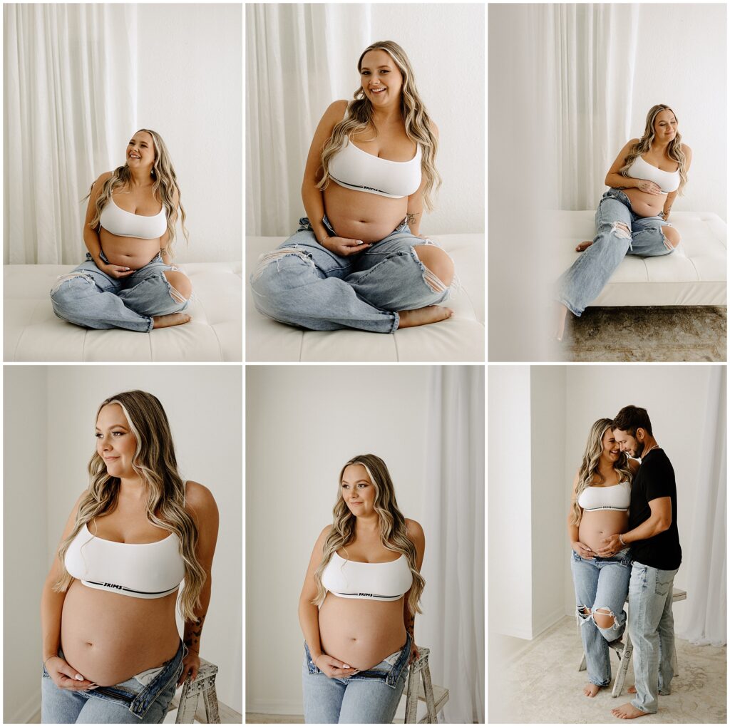 Expecting mother in jeans and white sports bra at Spring Hill Studio