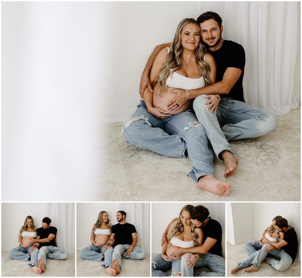 Expecting couple at Spring Hill Studio, woman in jeans and white sports bra