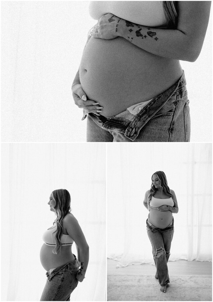 Black and white image of pregnant woman in jeans and white sports bra during Spring Hill Studio session