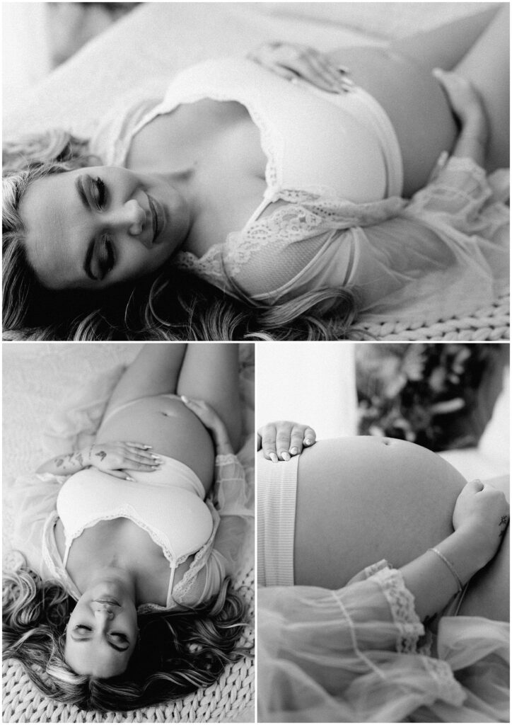 black and white portrait of mom-to-be in a sheer robe and white outfit at Spring Hill Studio maternity photoshoot