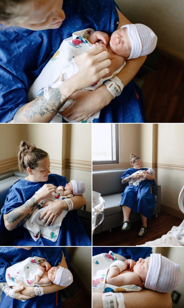 Close up detail images of new mom holding baby in blue hospital gown Fresh 48 session at Oak Hill Hospital in Brooksville