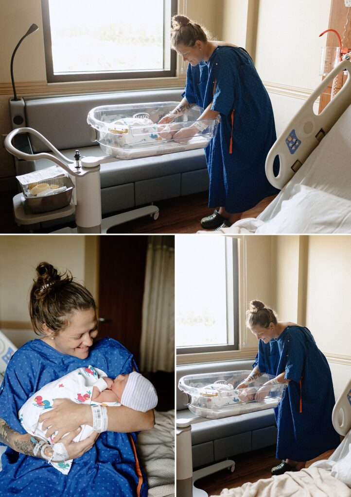 Lifestyle image of new mom taking care of newborn baby boy during Fresh 48 session at Oak Hill Hospital in Brooksville in blue gown