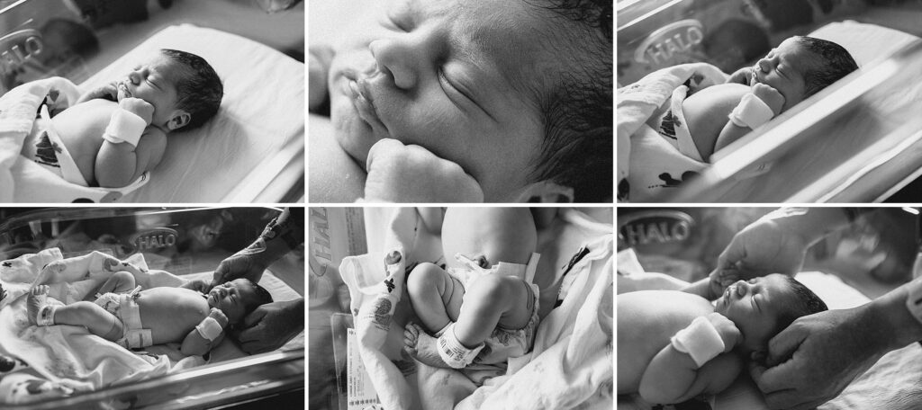 Black and white detail images of newborn baby Fresh 48 session at Oak Hill Hospital in Brooksville