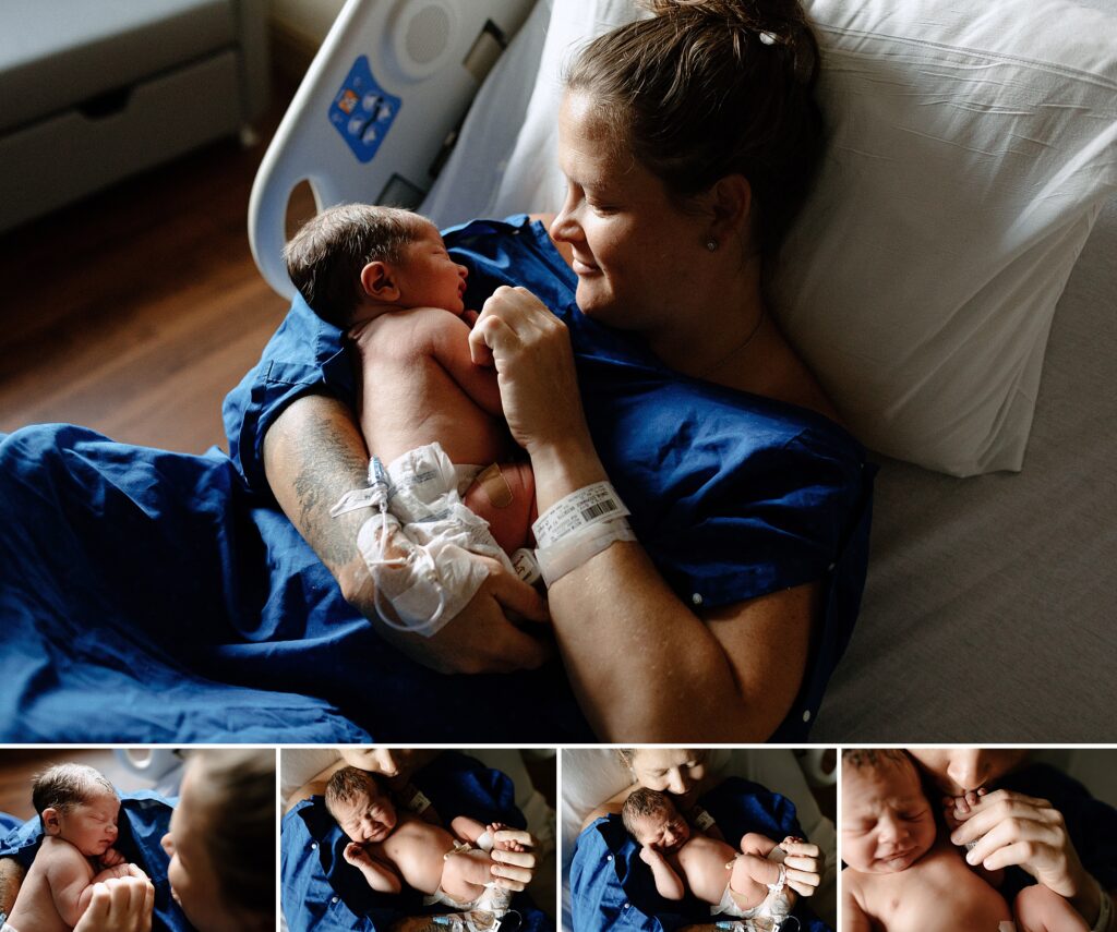 New mom in blue hospital gown holding newborn baby during Fresh 48 session at Oak Hill Hospital in Brooksville