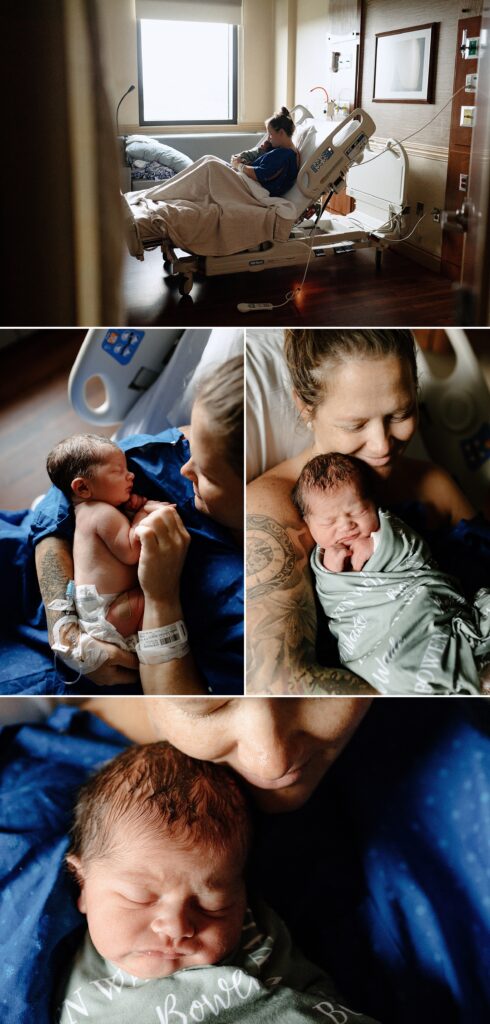 Portraits of new mom in blue hospital gown snuggling newborn baby boy during Fresh 48 session at Oak Hill Hospital in Brooksville