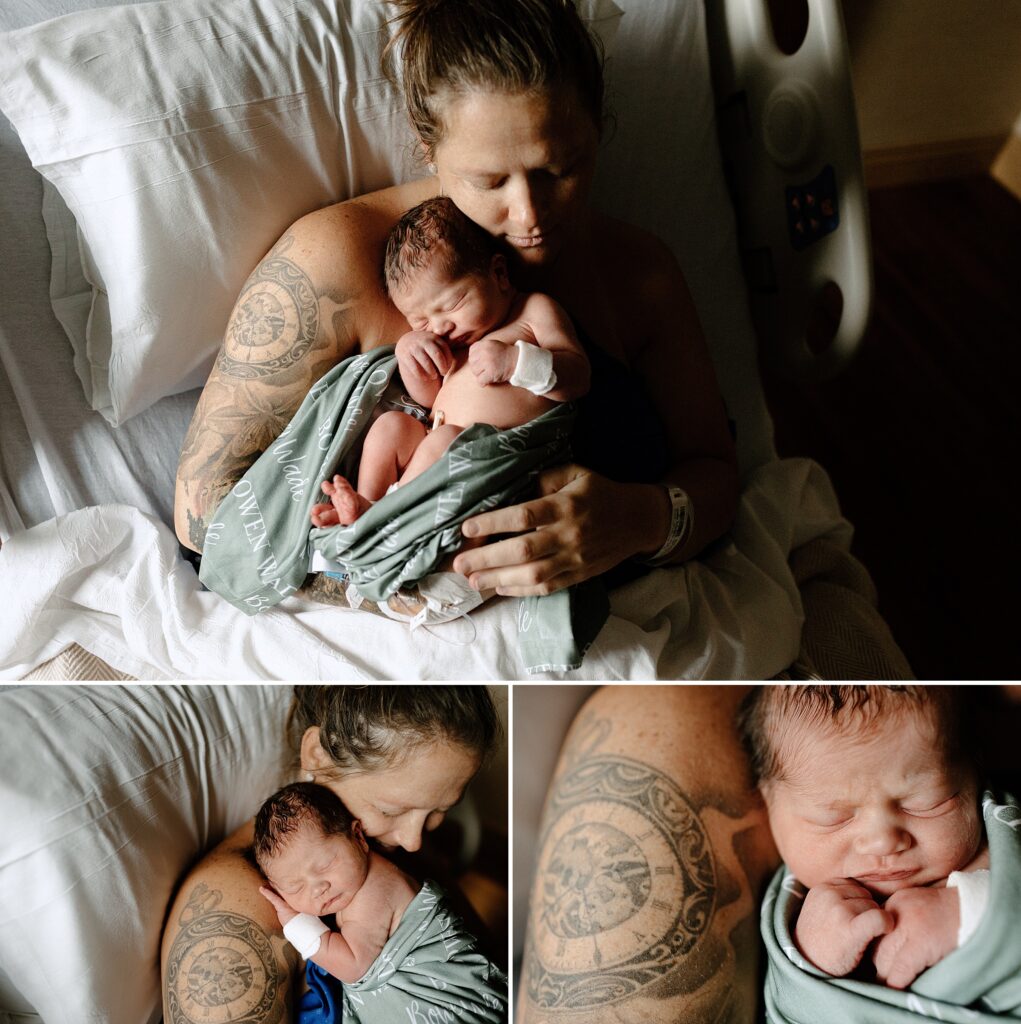 Mom snuggling skin to skin with newborn baby in monogrammed blanket Fresh 48 session at Oak Hill Hospital in Brooksville