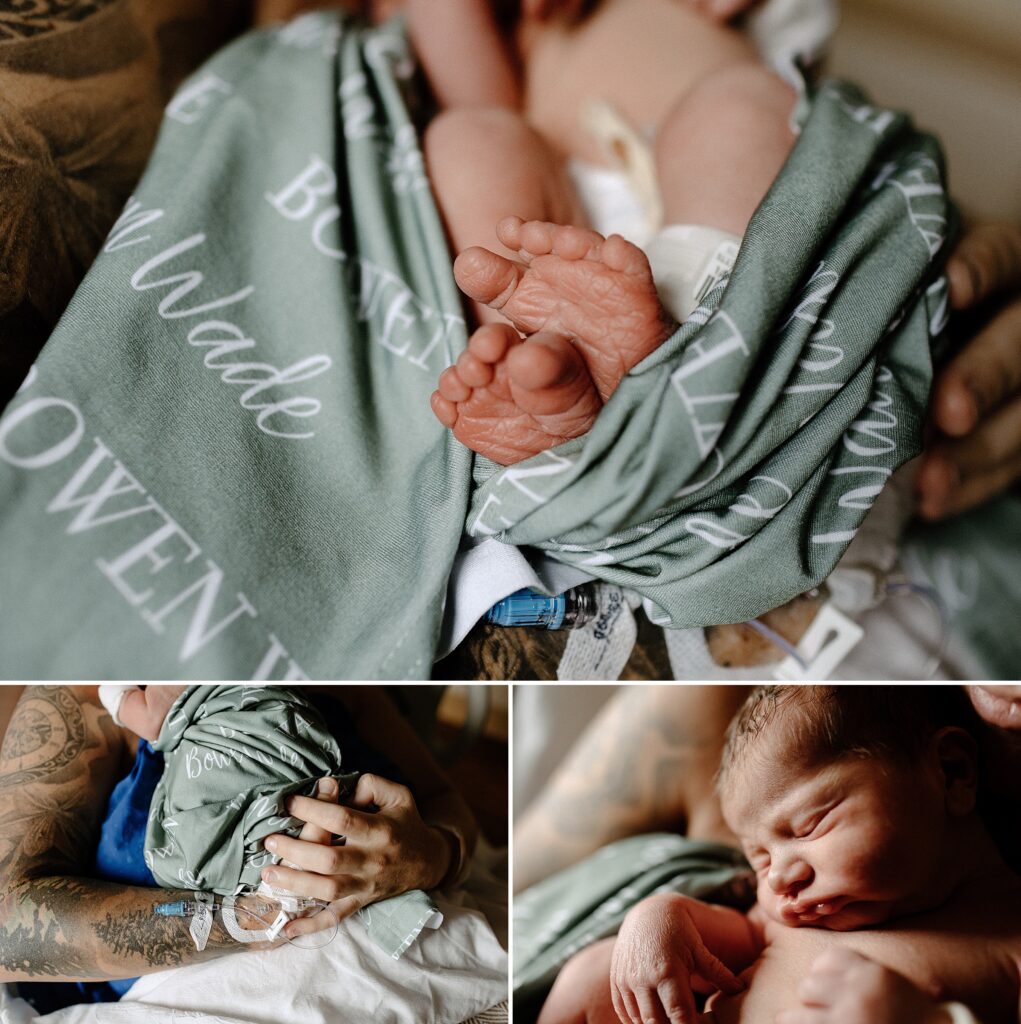 Close up detail photos of newborn baby feet and IV in moms arm Fresh 48 session at Oak Hill Hospital in Brooksville