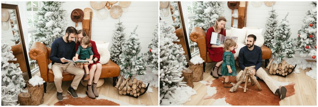 Family reading a holiday book during Christmas photos in Tampa's Winter Wonderland Cottage