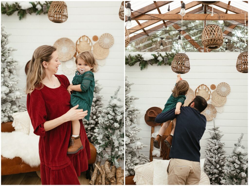 Dad lifting daughter during a Christmas session in Tampa