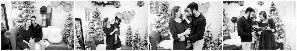 Black and white portraits of family at Christmas session at Winter Wonderland Cottage in Tampa