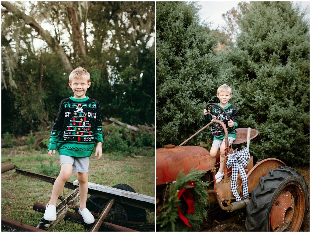 Little boy standing on rusted tractor at Blue Acres Christmas Tree Farm in Tampa