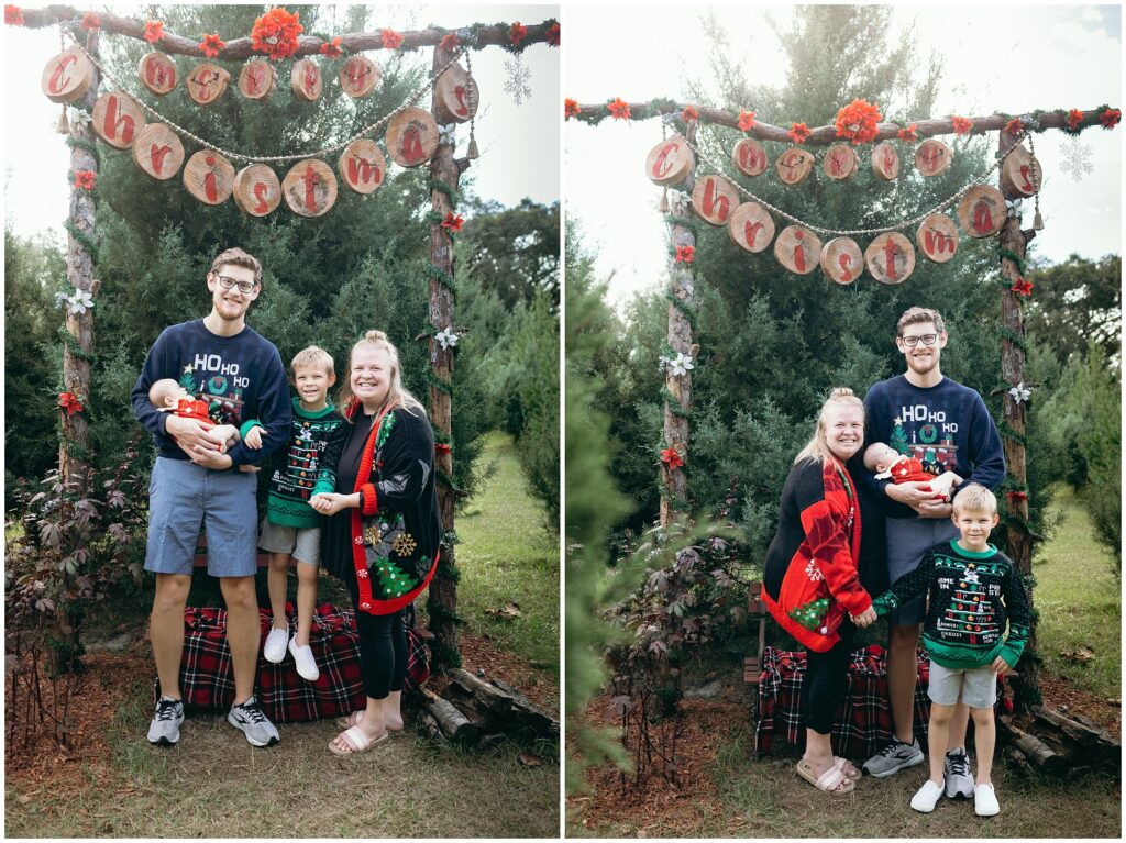 Family photo with dad, mom, little boy, and baby girl at Blue Acres Christmas Tree Farm in Tampa