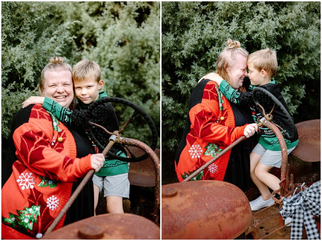 Little boy hugging mom and smiling while sitting on tractor at Blue Acres Christmas Tree Farm in Tampa