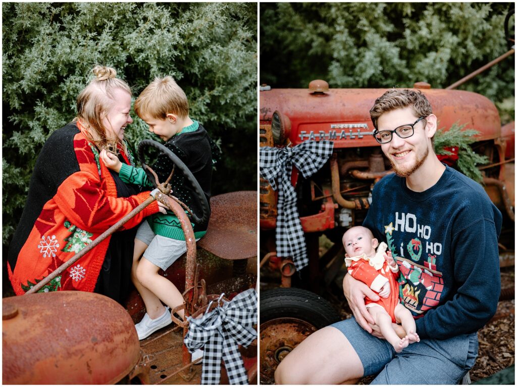 Little boy hugging mom while sitting on tractor at Blue Acres Christmas Tree Farm in Tampa