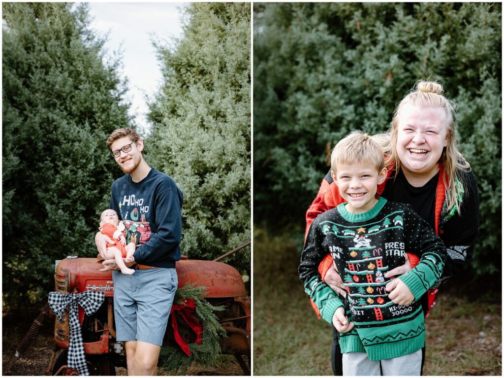 Mom, dad, and children among the Christmas trees at Blue Acres Christmas Tree Farm in Tampa