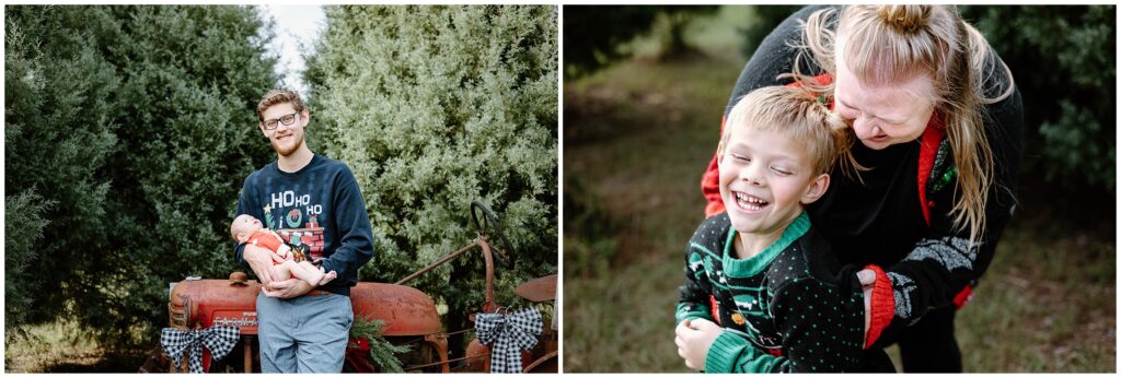 Dad holding baby girl and mom with little boy at Blue Acres Christmas Tree Farm in Tampa