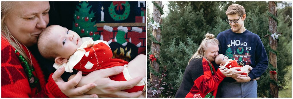 Dad holding baby girl and mom at Blue Acres Christmas Tree Farm in Tampa