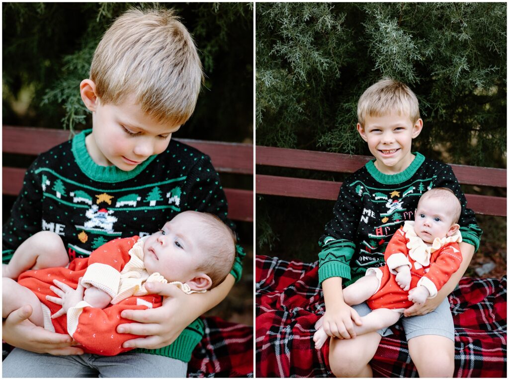 Baby girl and little boy posing at Blue Acres Christmas Tree Farm in Tampa