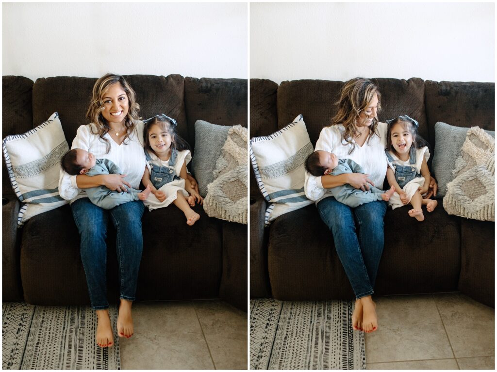 Mom and daughter with newborn brother laughing together on the couch