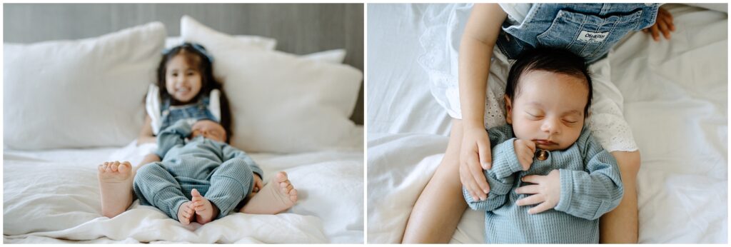 Newborn baby boy and big sister on bed laying 