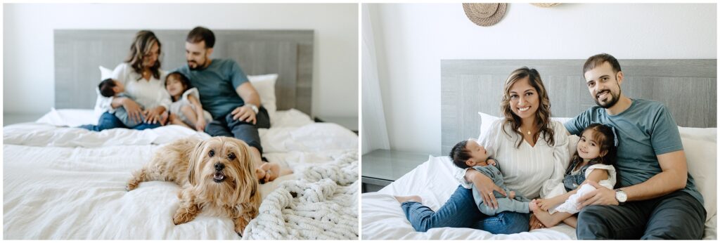 Family with dog cuddling on the bed with newborn lifestyle session