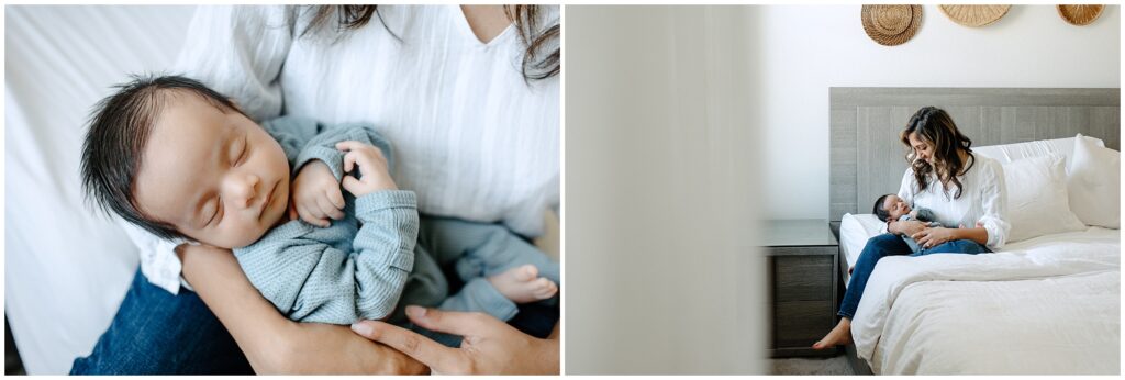 Newborn baby boy in mom's arms in blue outfit sleeping on bed