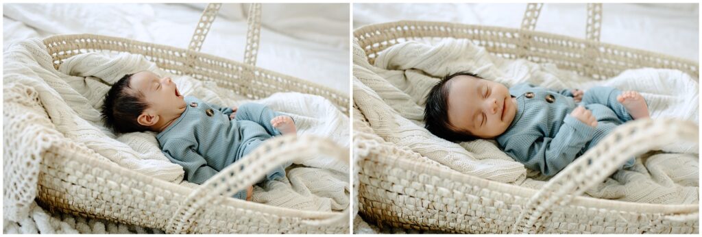 Newborn baby boy yawning in basket on a cozy blanket