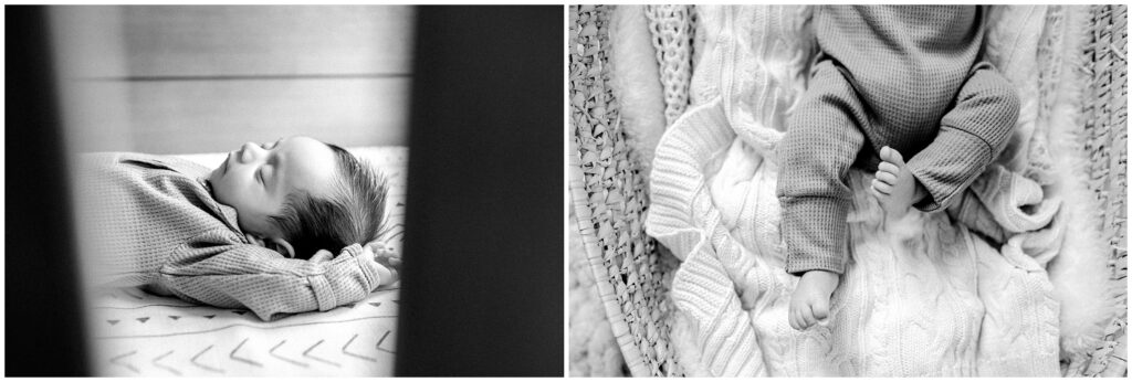 Black and white portrait close ups of newborn baby in crib