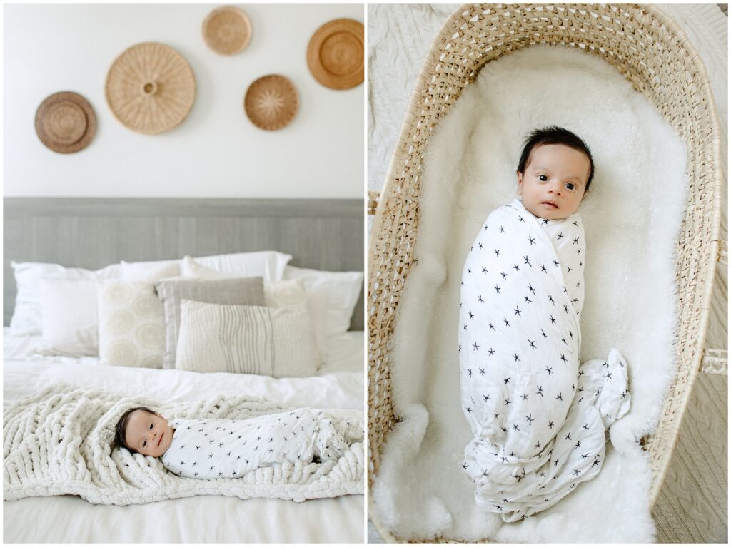 Newborn baby in swaddle on bed in basket during newborn lifestyle