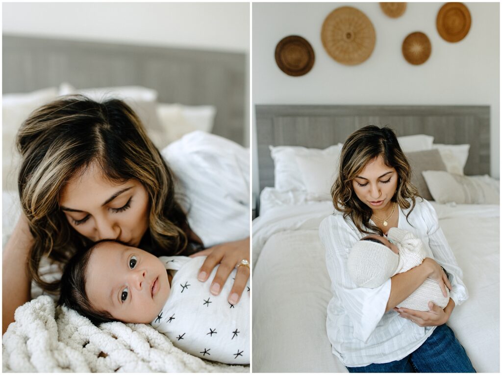 Close up portraits of mom kissing newborn baby boy during lifestyle session in home 