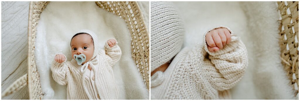 Close up portraits of newborn baby boy in white and tan basket on bed