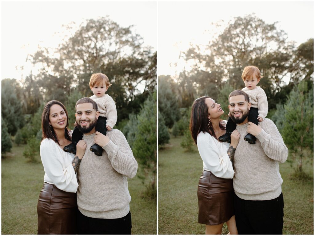 Mom and dad standing with son on dad's shoulders at Blue Acres Christmas Tree Farm in Florida