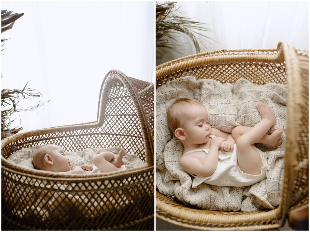 Sleeping babygirl in brown knit bassinet Spring Hill Studio in Florida