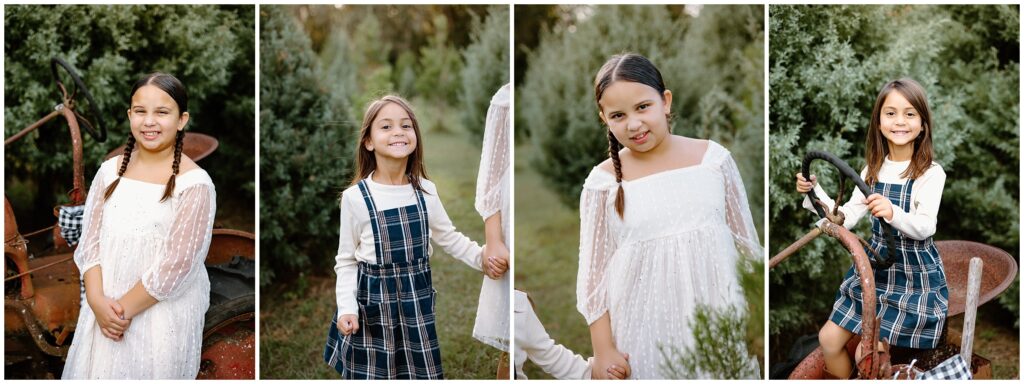 Close up portraits of sisters during family session at Blue Acres Christmas Tree Farm in Florida