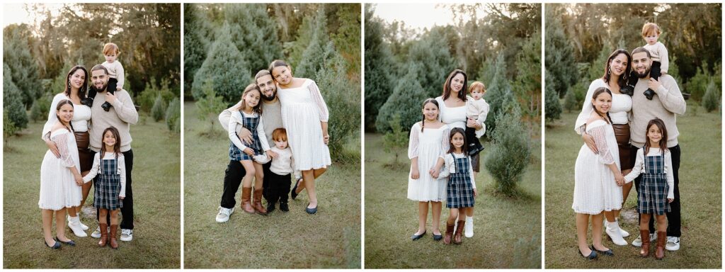 Happy family during holiday portraits standing and cuddling at Blue Acres Christmas Tree Farm in Florida