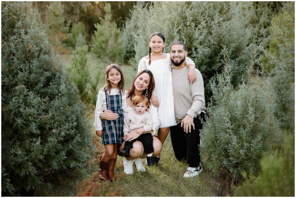 Family christmas holiday card photo session with mom, dad, big sisters, and little brother at Blue Acres Christmas Tree Farm in Florida