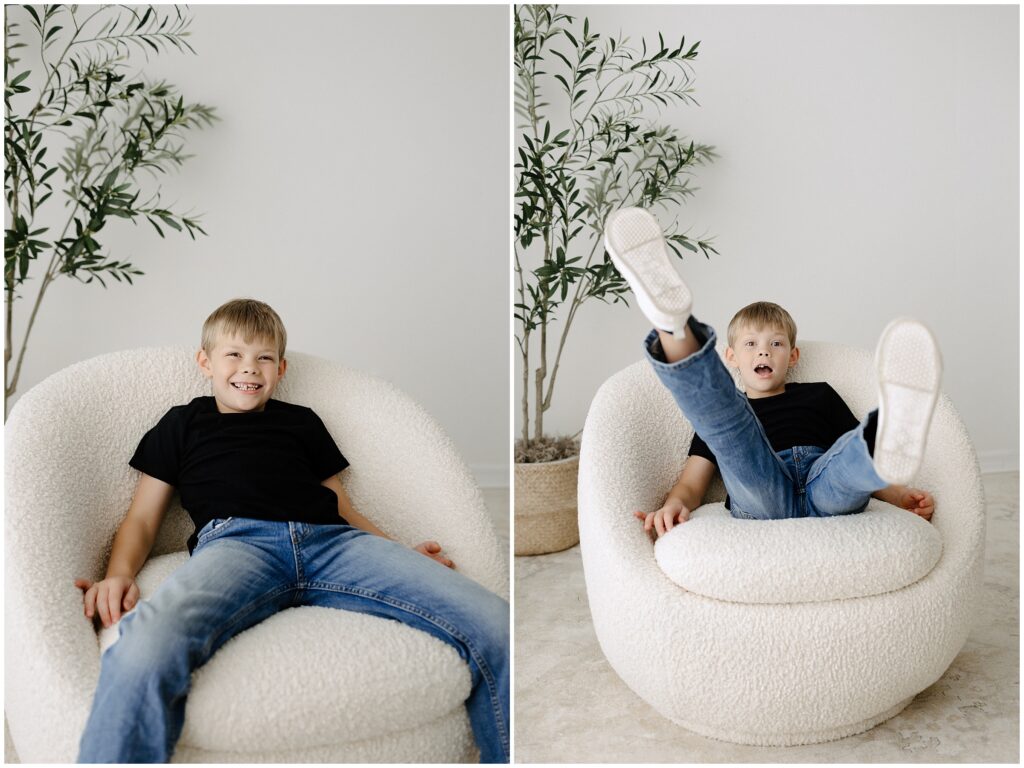 Photos of smiling big brother playing on white bean bag chair in black shirt and jeans Spring Hill Studio in Florida