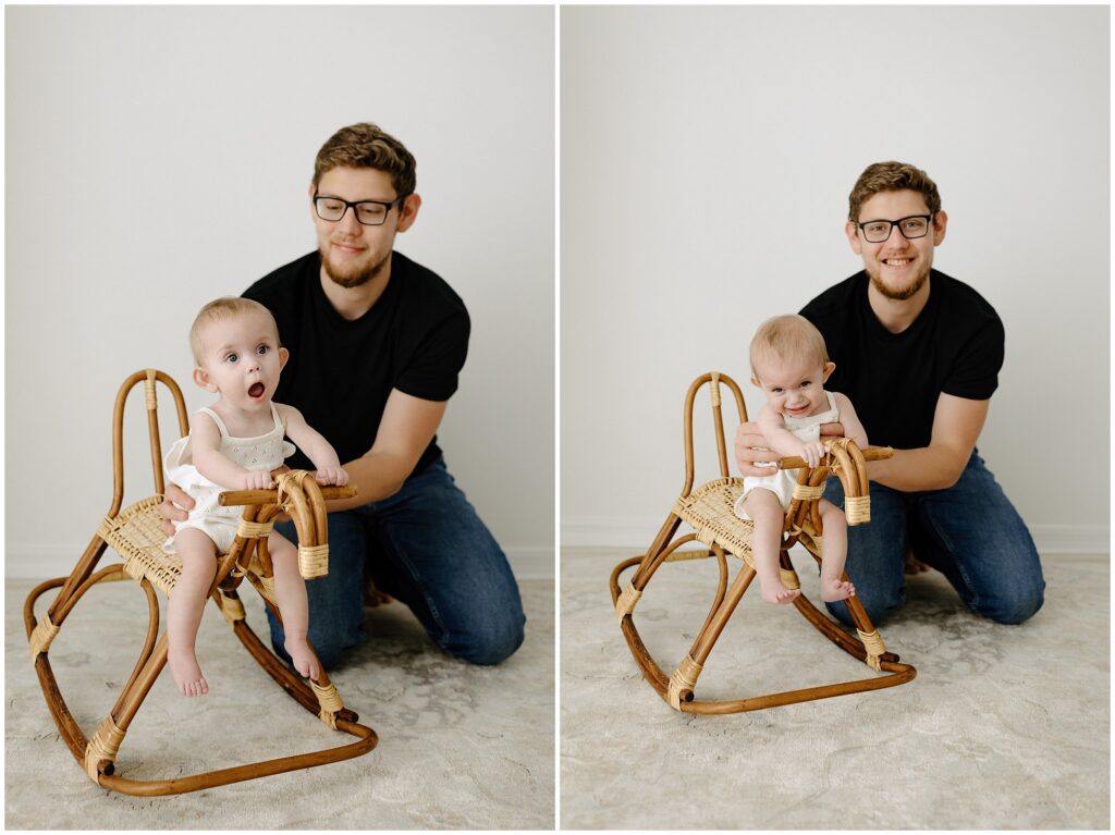 Little girl sitting on boho rocking horse with dad on ground during family session, Spring Hill Studio in Florida