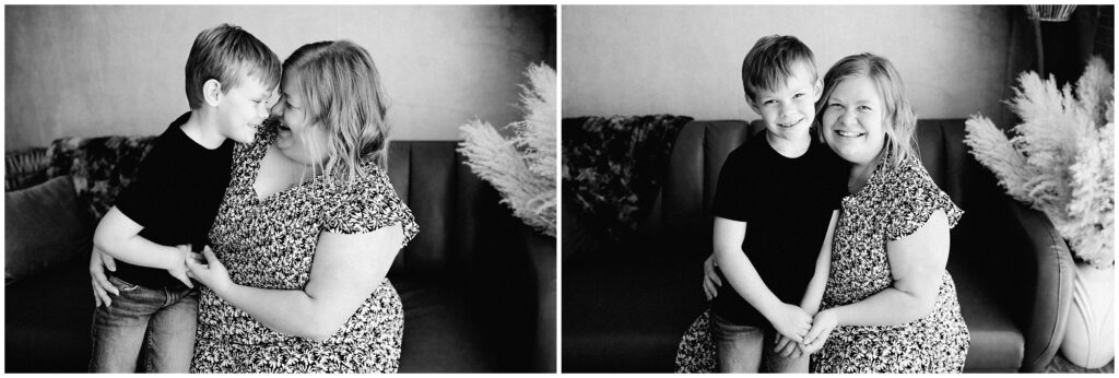 black and white portrait of mom and son smiling together Spring Hill Studio in Florida