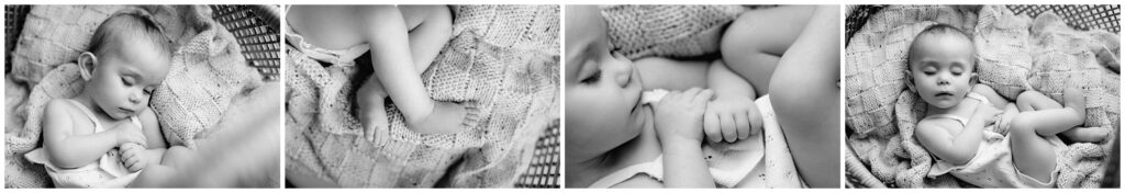 Black and white close up portraits of sleeping baby, detail shots of hands, and face Spring Hill Studio in Florida