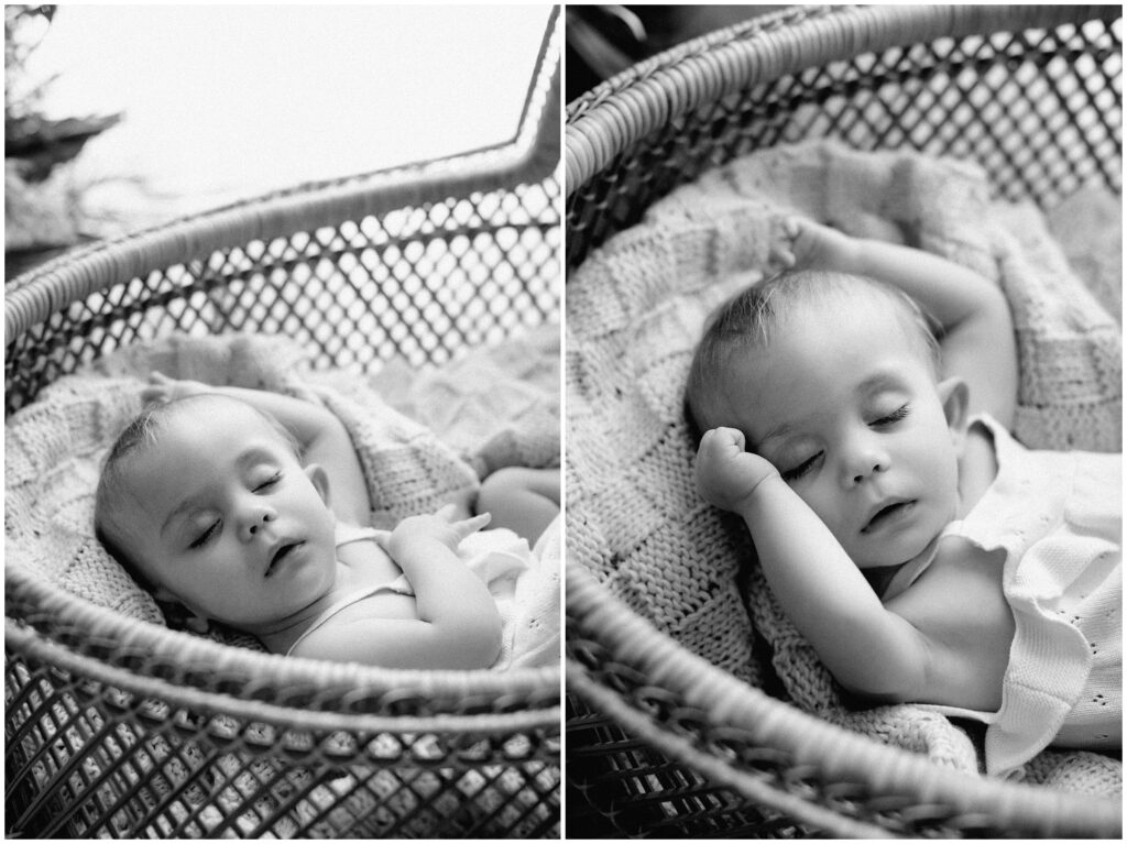 Black and white close up portraits of little girl sleeping in bassinet Spring Hill Studio in Florida