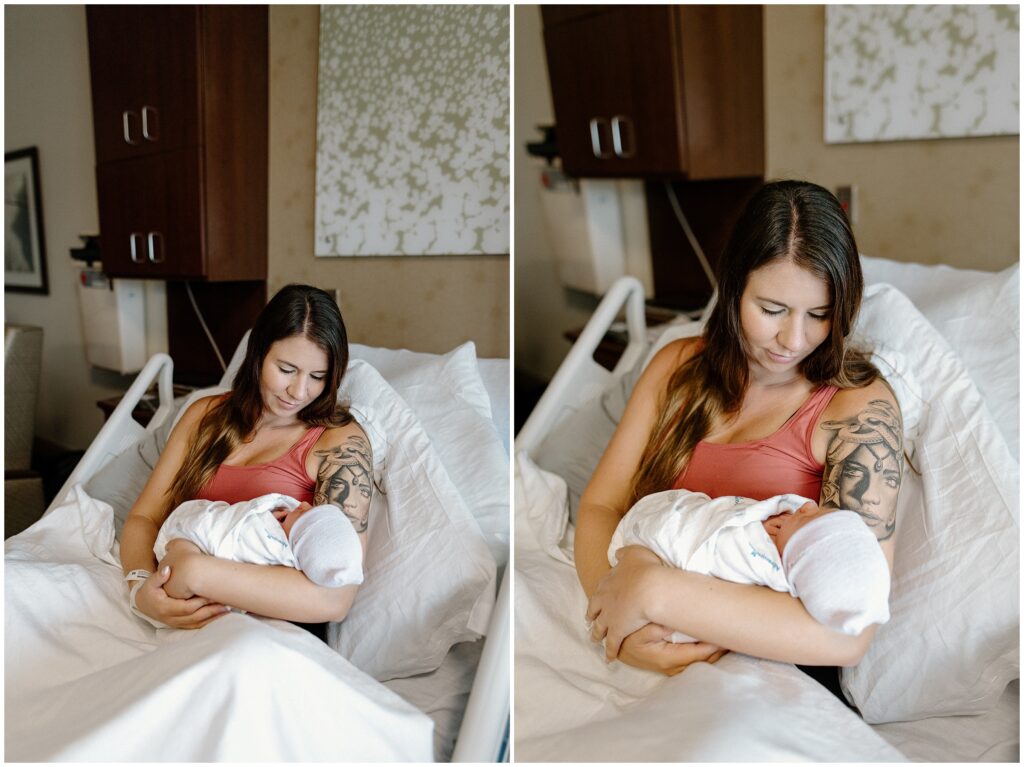 Mom sitting in hospital bed after giving birth, holding newborn fresh 48 hospital newborn session in Florida