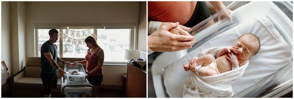 Mom and dad standing over newborn baby fresh 48 hospital newborn session in Florida