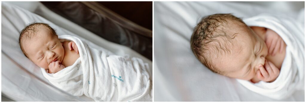 Detail images of newborn baby's hair and face fresh 48 hospital newborn session in Florida