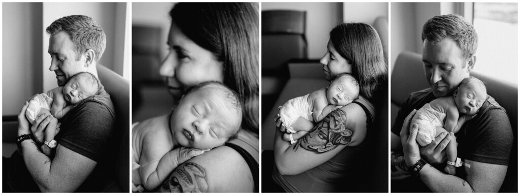 black and white close up portraits of mom and dad holding newborn baby fresh 48 hospital newborn session in Florida