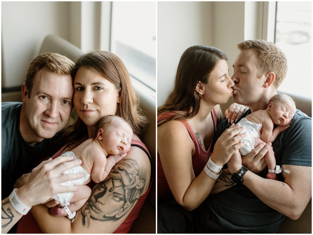 Mom and dad kissing while holding sleeping newborn baby in diaper, fresh 48 hospital newborn session in Florida