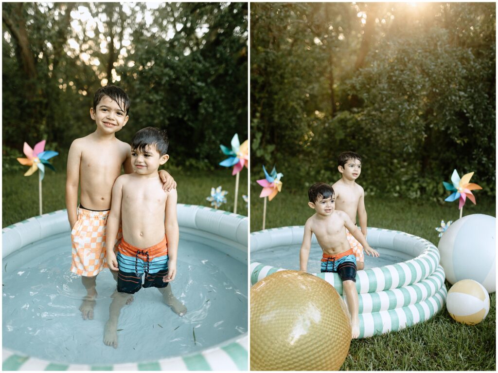 Brothers splashing and having fun in the inflatable pool